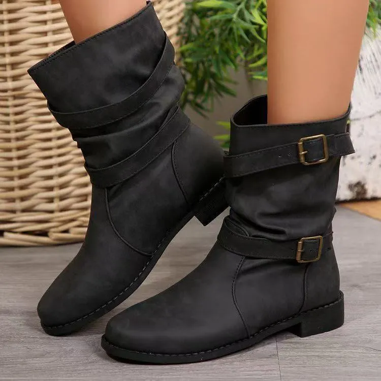Damen Lässige Slouch-Stiefel mit verstellbaren Zierschnallen, flacher Profilsohle und weichem Kunstleder Drune