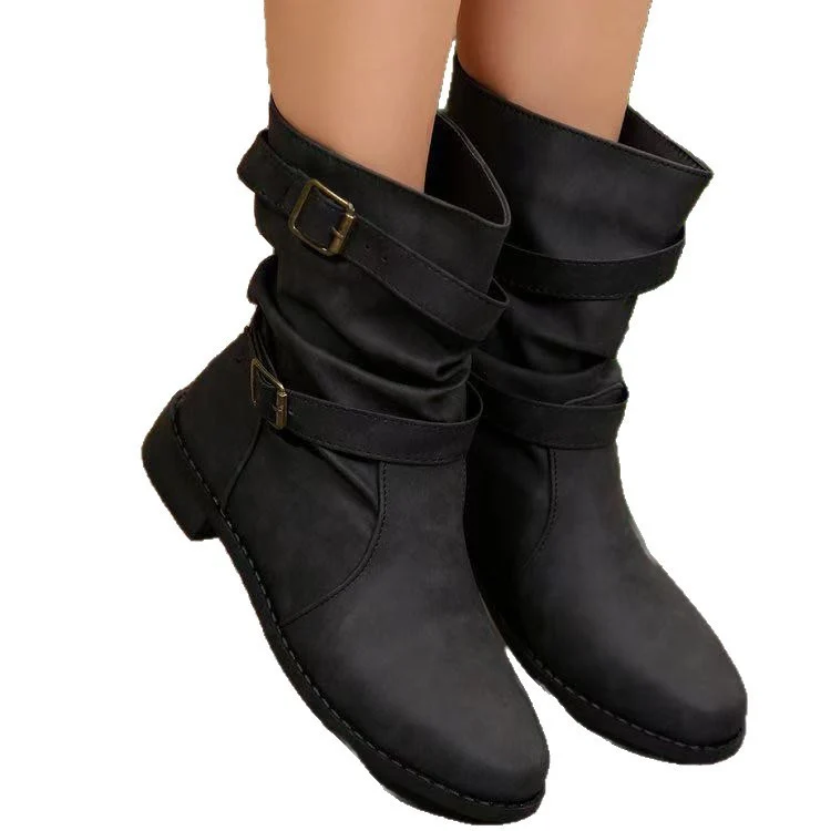 Damen Lässige Slouch-Stiefel mit verstellbaren Zierschnallen, flacher Profilsohle und weichem Kunstleder Drune