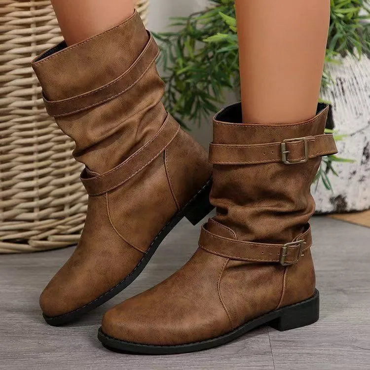 Damen Lässige Slouch-Stiefel mit verstellbaren Zierschnallen, flacher Profilsohle und weichem Kunstleder Drune