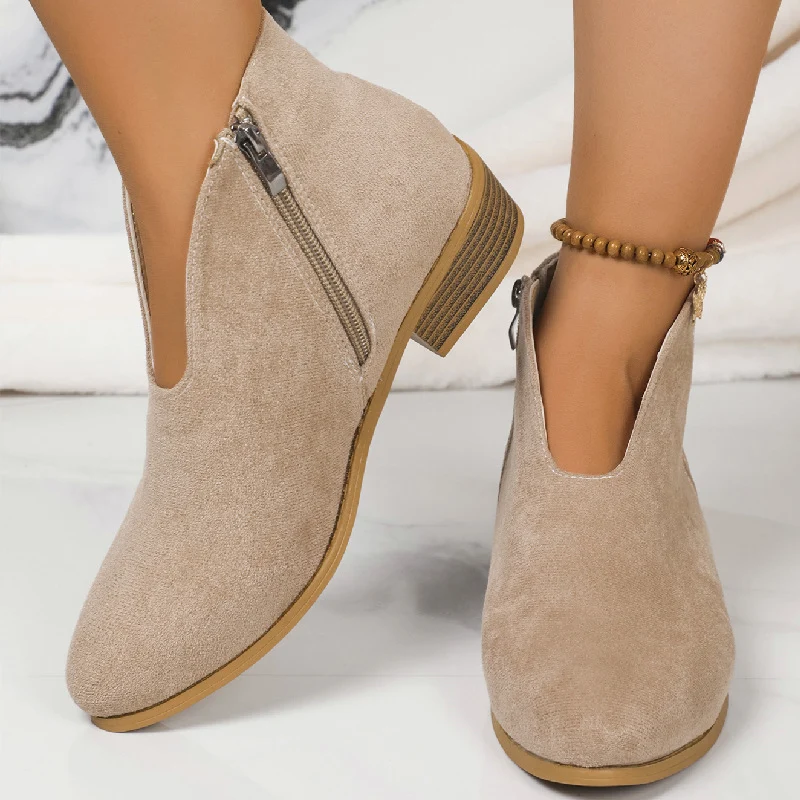 Damen Kurzschaft‑Stiefelette aus Veloursimitat mit V‑Ausschnitt und niedrigem Holzabsatz Drune