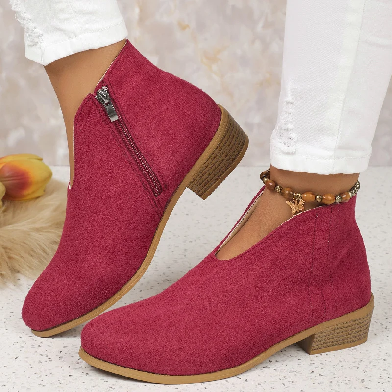 Damen Kurzschaft‑Stiefelette aus Veloursimitat mit V‑Ausschnitt und niedrigem Holzabsatz Drune