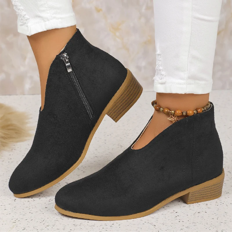 Damen Kurzschaft‑Stiefelette aus Veloursimitat mit V‑Ausschnitt und niedrigem Holzabsatz Drune