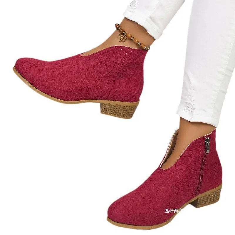 Damen Kurzschaft‑Stiefelette aus Veloursimitat mit V‑Ausschnitt und niedrigem Holzabsatz Drune