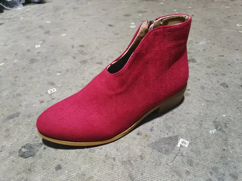 Damen Kurzschaft‑Stiefelette aus Veloursimitat mit V‑Ausschnitt und niedrigem Holzabsatz Drune