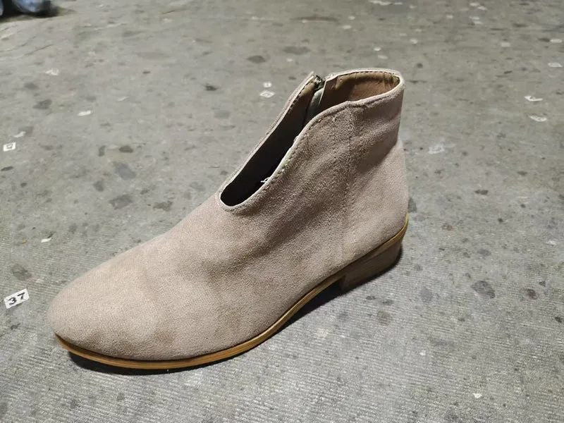 Damen Kurzschaft‑Stiefelette aus Veloursimitat mit V‑Ausschnitt und niedrigem Holzabsatz Drune