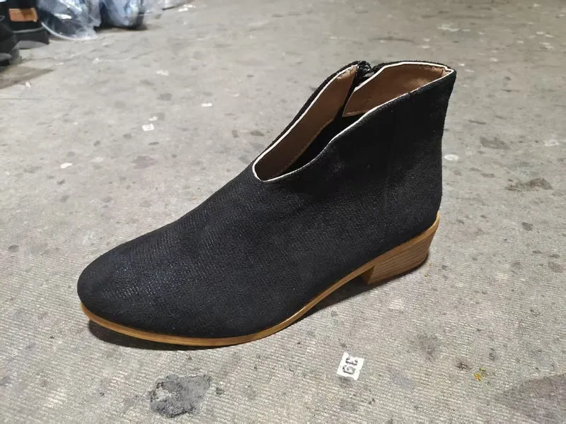 Damen Kurzschaft‑Stiefelette aus Veloursimitat mit V‑Ausschnitt und niedrigem Holzabsatz Drune