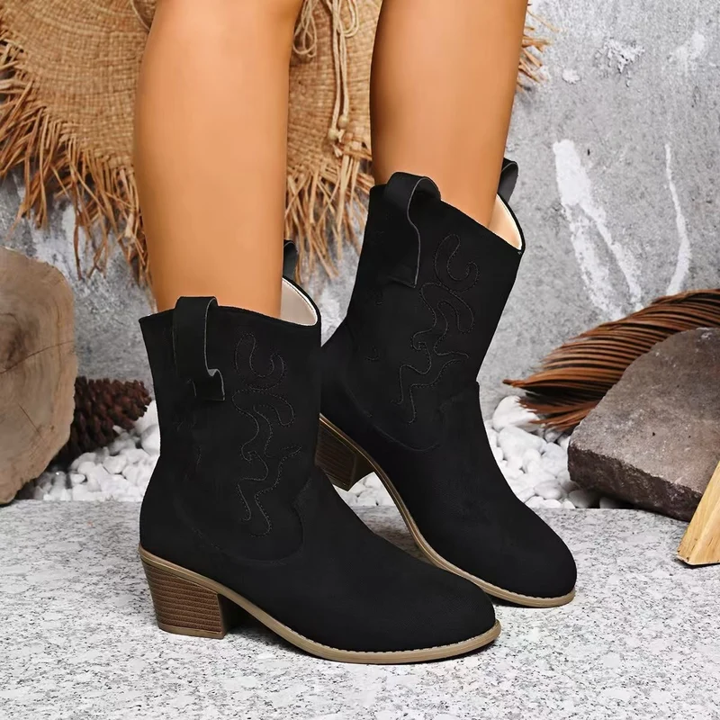 Damen Kurzschaft-Ankleboots im Westernstil aus Velours mit gestickter Ziernaht und Blockabsatz Drune