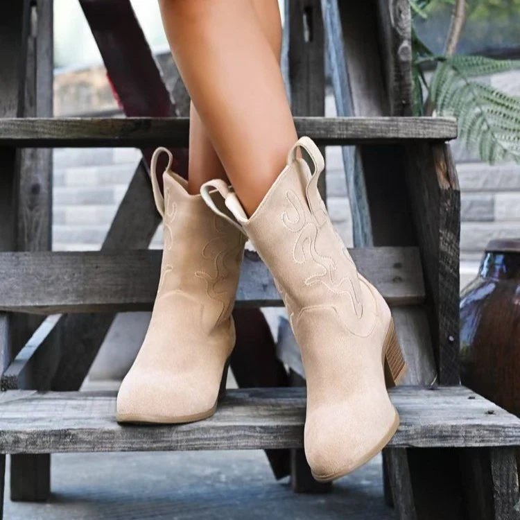 Damen Kurzschaft-Ankleboots im Westernstil aus Velours mit gestickter Ziernaht und Blockabsatz Drune