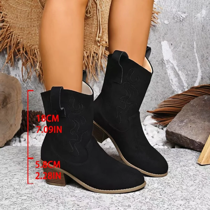 Damen Kurzschaft-Ankleboots im Westernstil aus Velours mit gestickter Ziernaht und Blockabsatz Drune