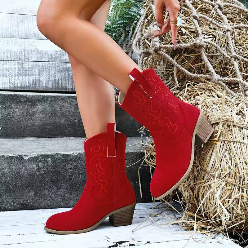 Damen Kurzschaft-Ankleboots im Westernstil aus Velours mit gestickter Ziernaht und Blockabsatz Drune