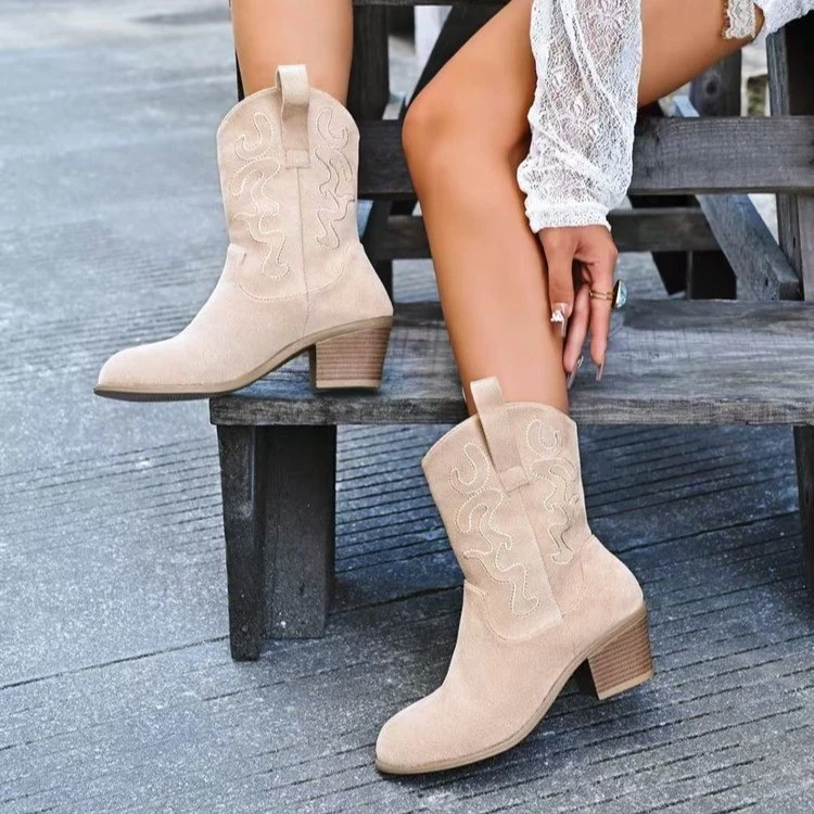 Damen Kurzschaft-Ankleboots im Westernstil aus Velours mit gestickter Ziernaht und Blockabsatz Drune