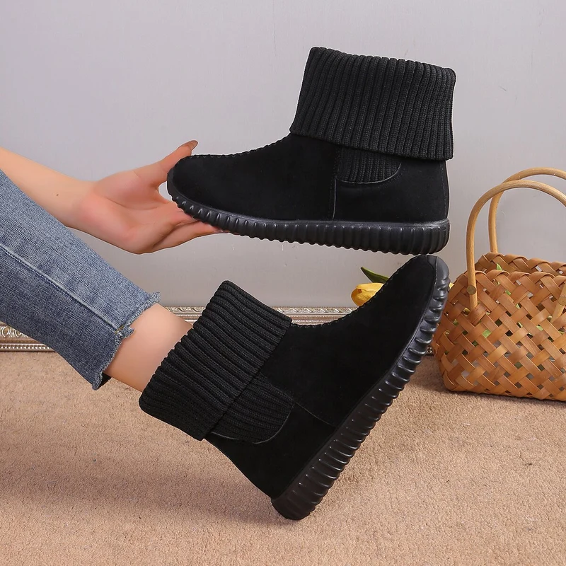 Damen Komfort-Ankleboots im Mokassin‑Style mit Umschlag-Strickkragen Drune