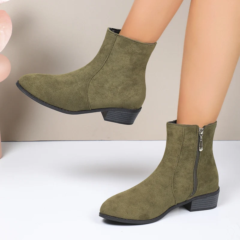 Damen Knöchelstiefeletten aus Veloursoptik mit seitlichem Reißverschluss und niedrigem Blockabsatz Drune