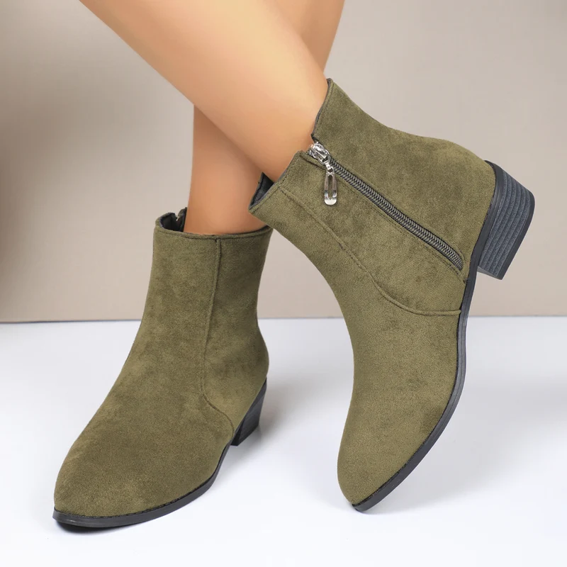 Damen Knöchelstiefeletten aus Veloursoptik mit seitlichem Reißverschluss und niedrigem Blockabsatz Drune
