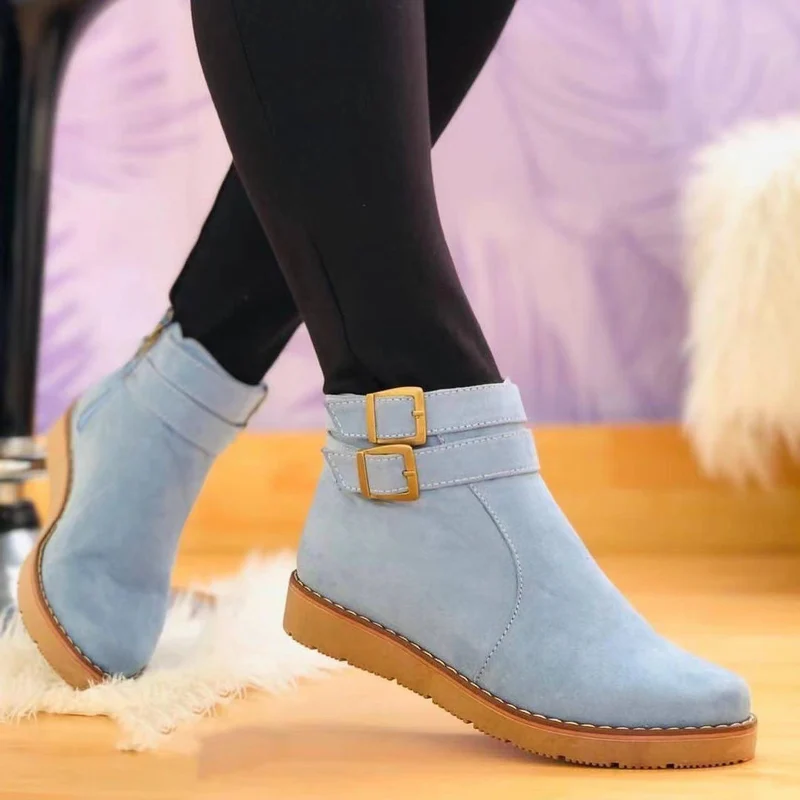 Damen Knöchelstiefel aus Veloursimitat mit Doppelriemen und flacher Keilsohle Drune