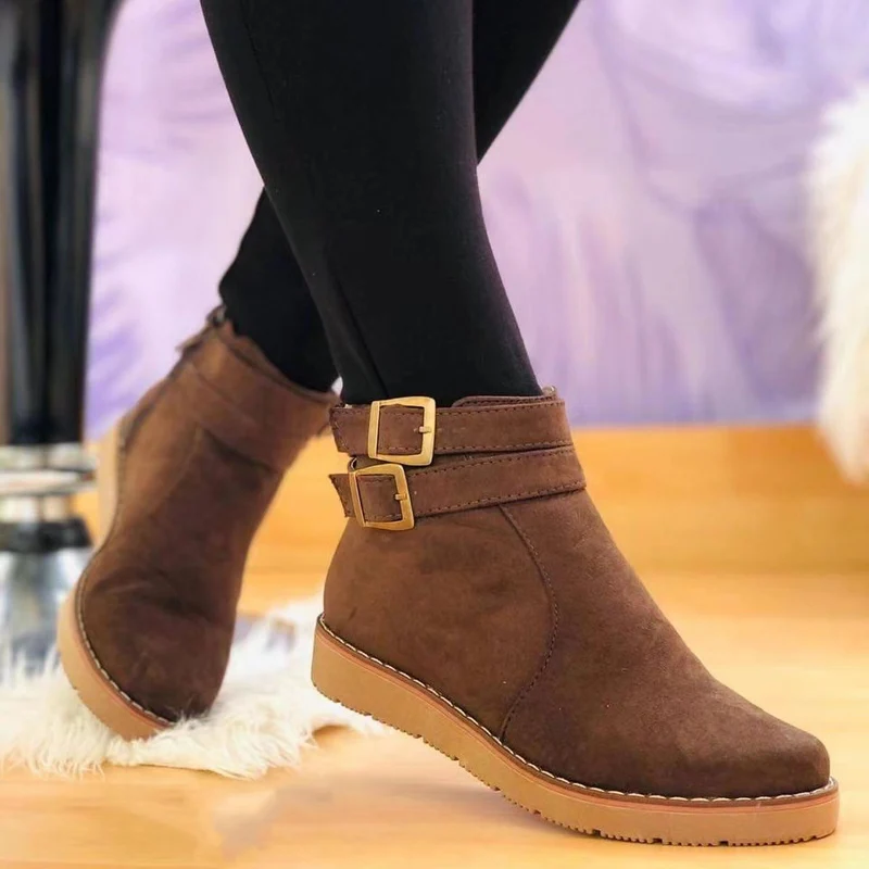 Damen Knöchelstiefel aus Veloursimitat mit Doppelriemen und flacher Keilsohle Drune