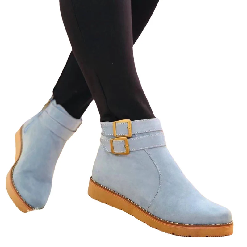 Damen Knöchelstiefel aus Veloursimitat mit Doppelriemen und flacher Keilsohle Drune
