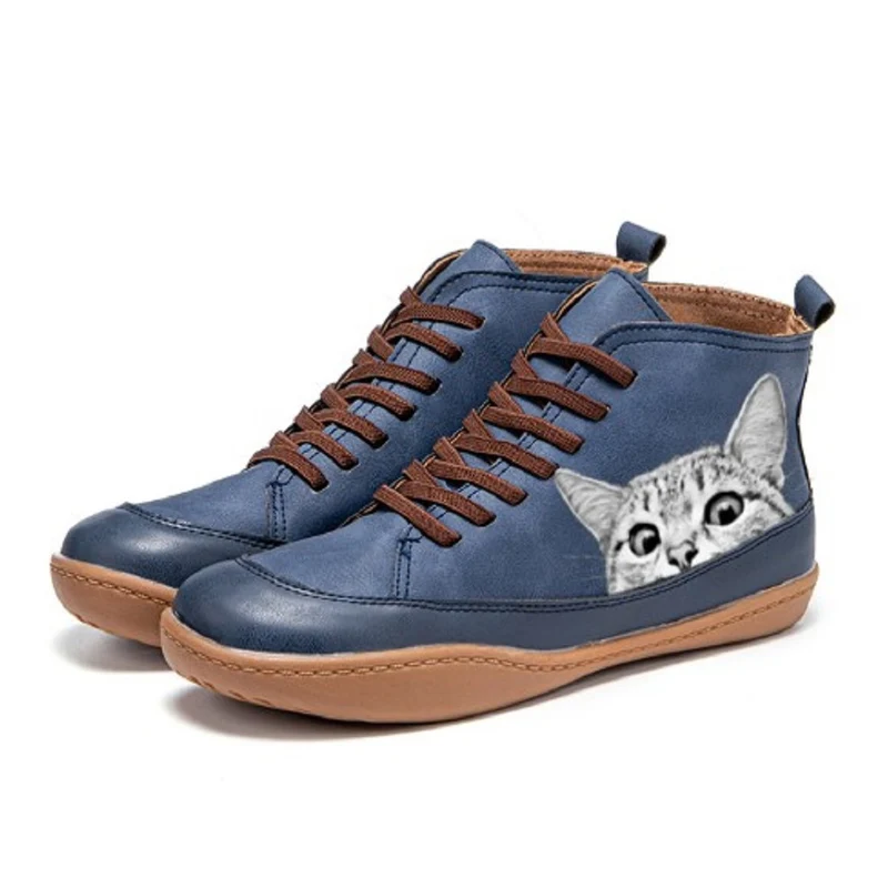 Damen knöchelhohe Sneaker mit Katzengesichtsprint und ergonomischem Fußbett Drune