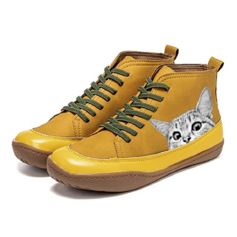 Damen knöchelhohe Sneaker mit Katzengesichtsprint und ergonomischem Fußbett Drune