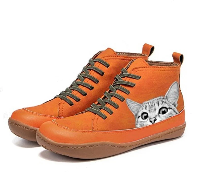 Damen knöchelhohe Sneaker mit Katzengesichtsprint und ergonomischem Fußbett Drune