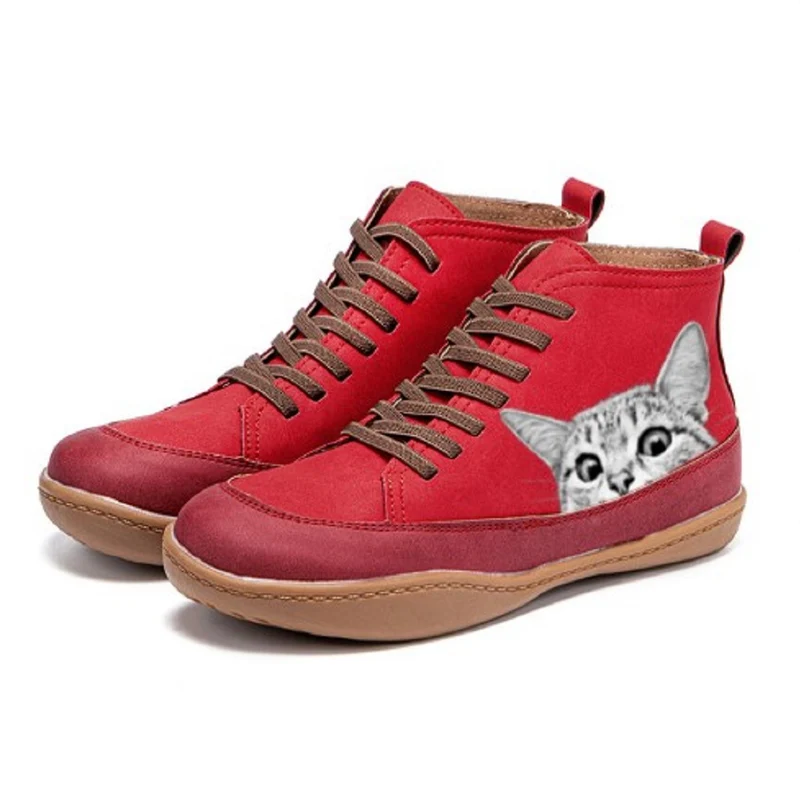 Damen knöchelhohe Sneaker mit Katzengesichtsprint und ergonomischem Fußbett Drune