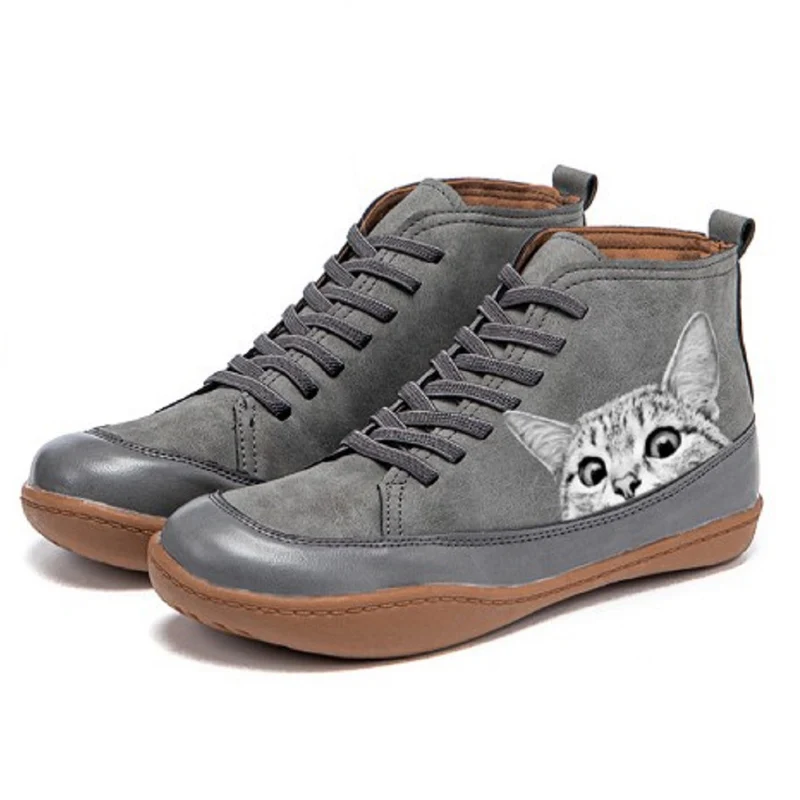 Damen knöchelhohe Sneaker mit Katzengesichtsprint und ergonomischem Fußbett Drune