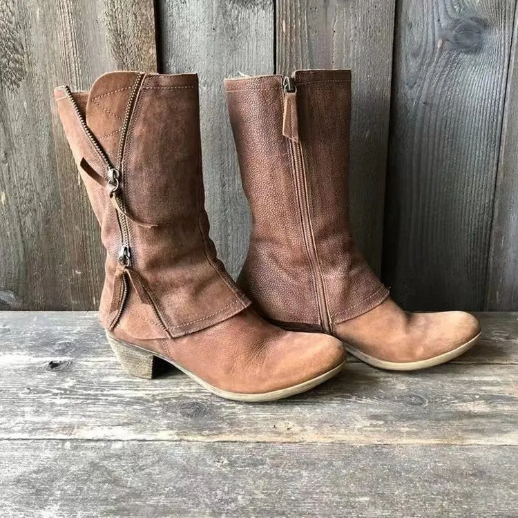 Damen Knöchel- bis wadenhohe Reißverschluss-Stiefel mit dekorativem Metallreißverschluss und niedrigem Blockabsatz Drune