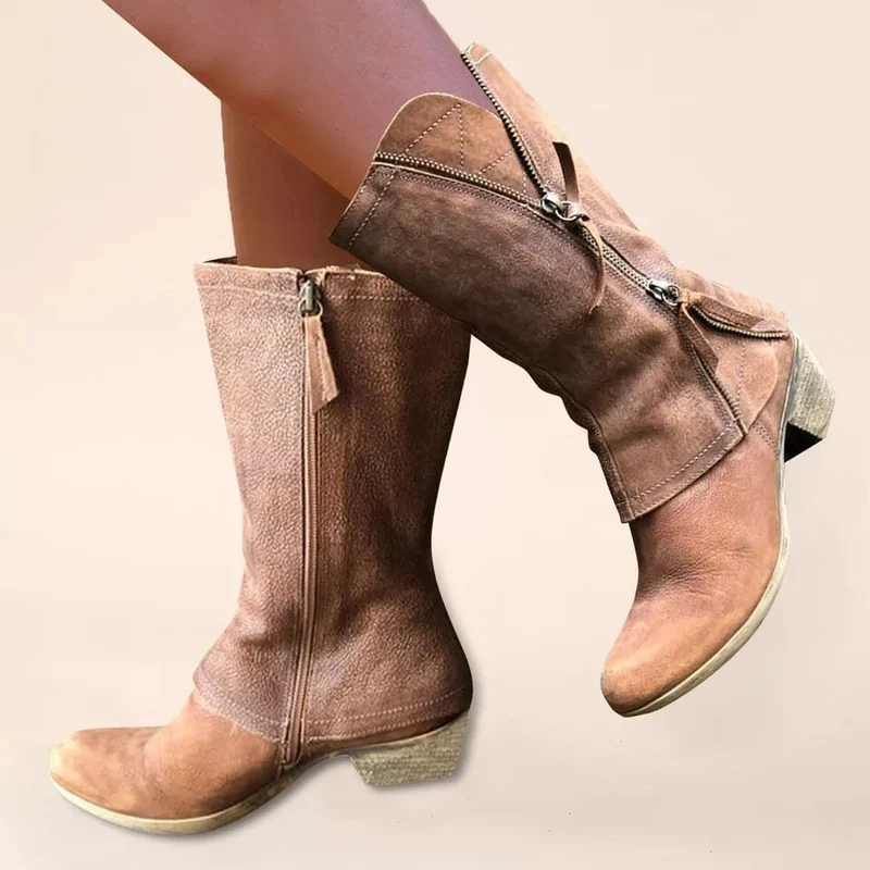 Damen Knöchel- bis wadenhohe Reißverschluss-Stiefel mit dekorativem Metallreißverschluss und niedrigem Blockabsatz Drune