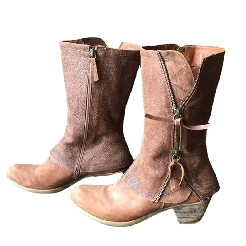 Damen Knöchel- bis wadenhohe Reißverschluss-Stiefel mit dekorativem Metallreißverschluss und niedrigem Blockabsatz Drune