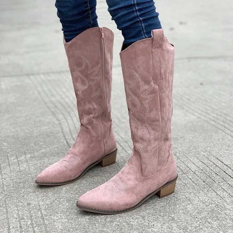 Damen Kniestiefel im Westernstil aus Veloursleder mit besticktem Schaft und seitlichem Reißverschluss Drune