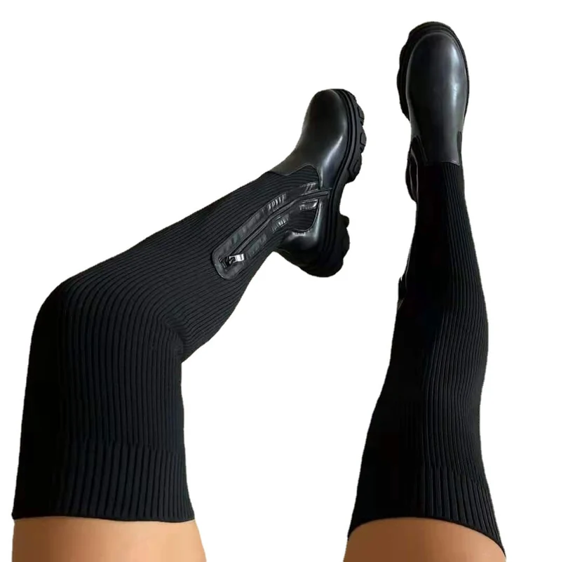 Damen Knielange Stretch-Sockboots mit geriffeltem Schaft, seitlichem Reißverschluss und massivem Lug-Sohlendesign Drune
