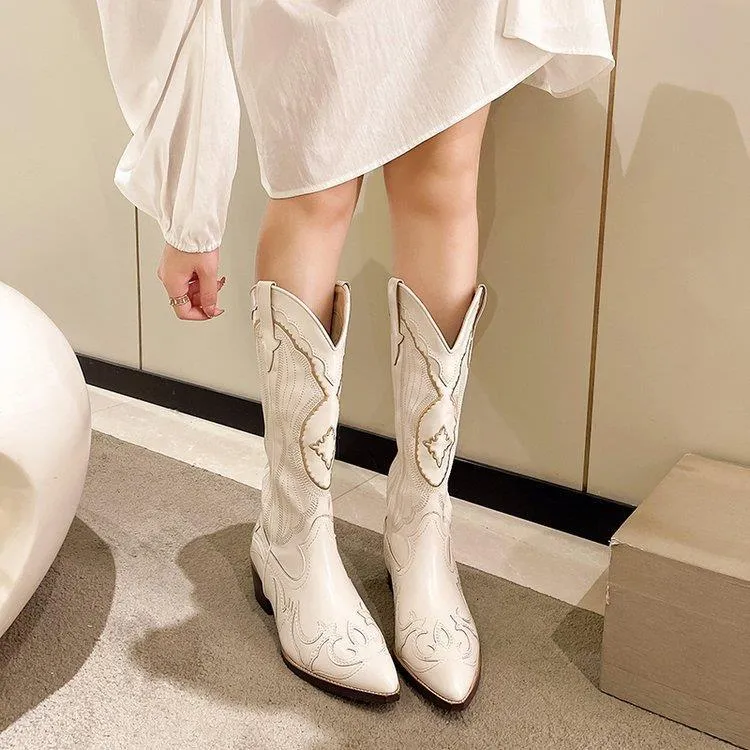 Damen Kniehohe Western‑Cowboy‑Stiefel mit filigraner Stickerei und konischem Blockabsatz Drune