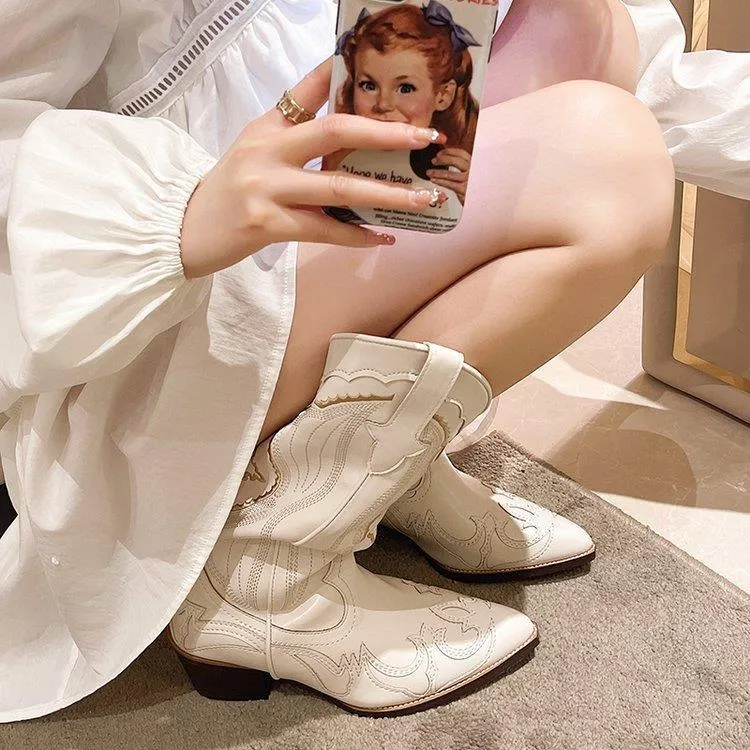 Damen Kniehohe Western‑Cowboy‑Stiefel mit filigraner Stickerei und konischem Blockabsatz Drune