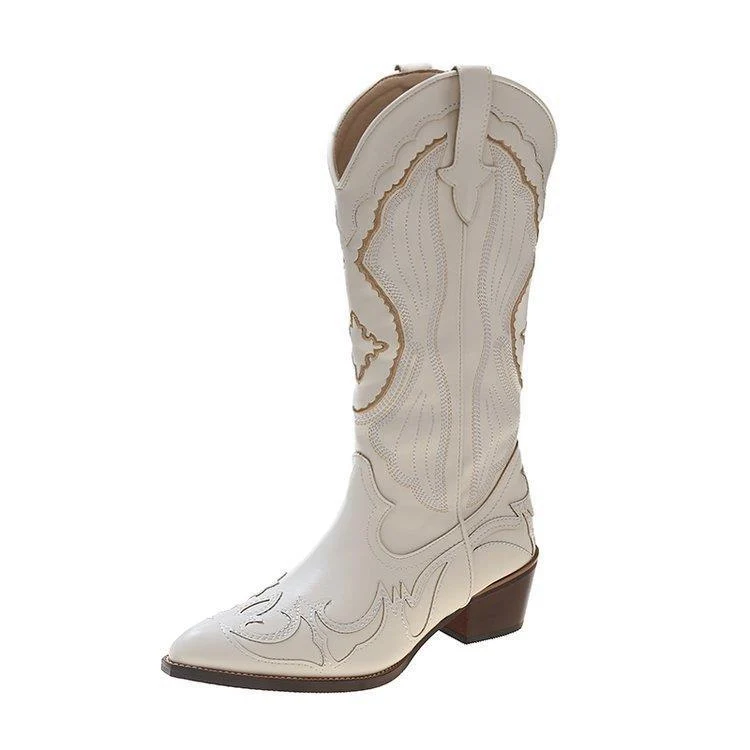 Damen Kniehohe Western‑Cowboy‑Stiefel mit filigraner Stickerei, spitzer Leiste und mittelhohem Blockabsatz Drune