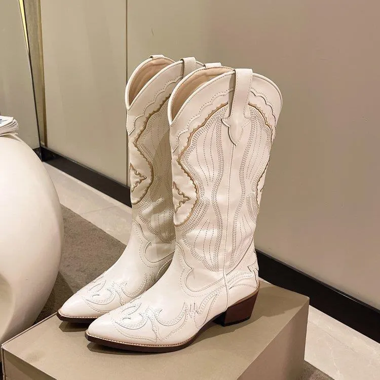 Damen Kniehohe Western‑Cowboy‑Stiefel mit filigraner Stickerei, spitzer Leiste und mittelhohem Blockabsatz Drune