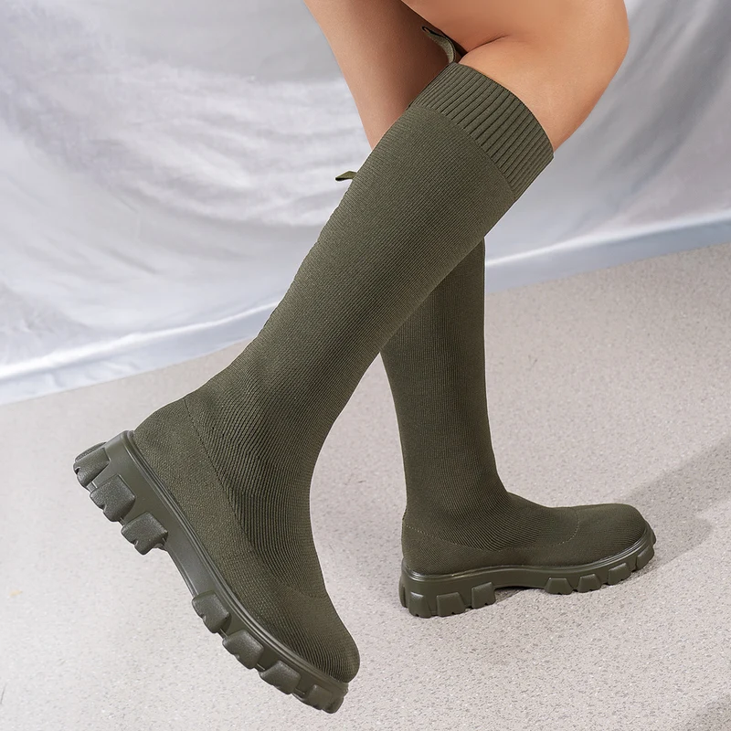 Damen Kniehohe Strick‑Sock‑Boots mit elastischem Schaft und markanter Profilsohle Drune