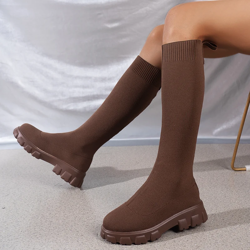 Damen Kniehohe Strick‑Sock‑Boots mit elastischem Schaft und markanter Profilsohle Drune