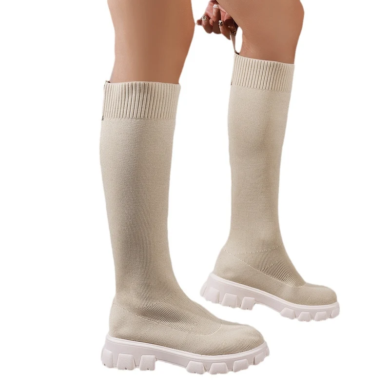 Damen Kniehohe Strick‑Sock‑Boots mit elastischem Schaft und markanter Profilsohle Drune