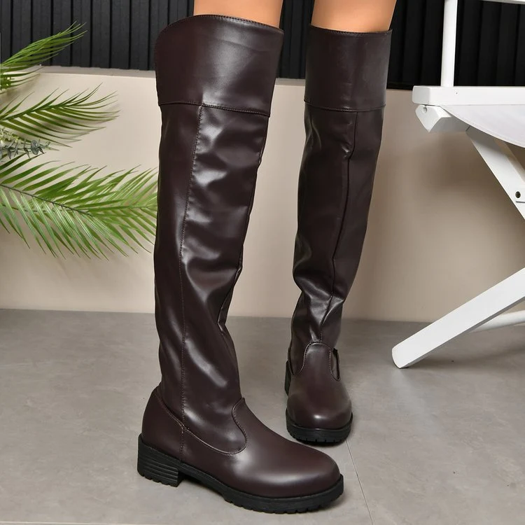 Damen kniehohe Stiefel mit umgeschlagenem Schaft und leichtem Blockabsatz Drune