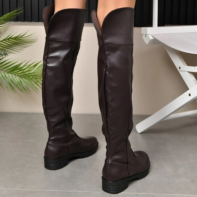 Damen kniehohe Stiefel mit umgeschlagenem Schaft und leichtem Blockabsatz Drune