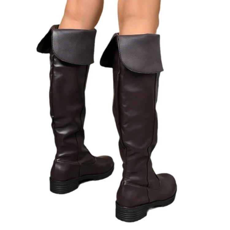 Damen kniehohe Stiefel mit umgeschlagenem Schaft und leichtem Blockabsatz Drune