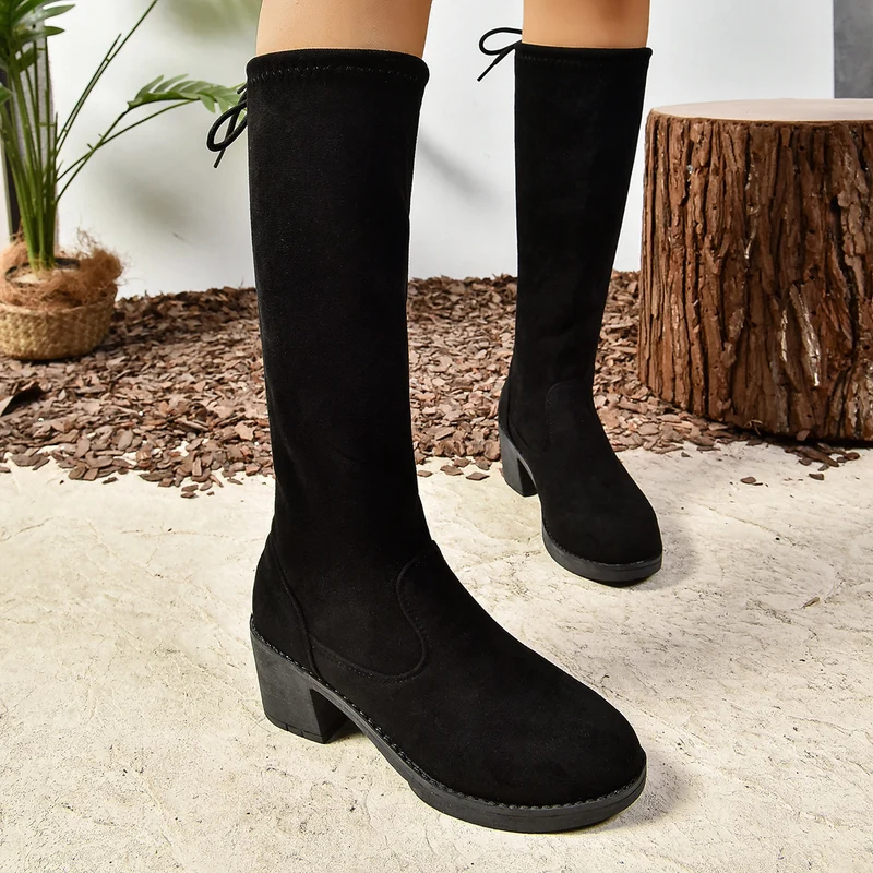 Damen Kniehohe Stiefel mit Blockabsatz, Velours‑Optik, elastischem Schaft und rückseitiger Zierschnürung Drune