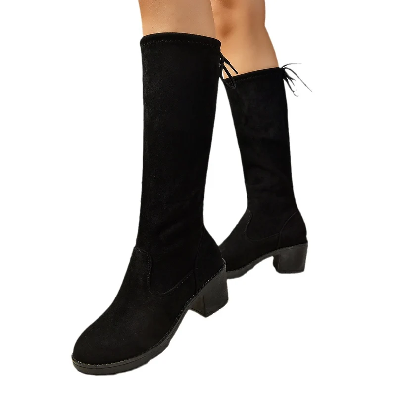 Damen Kniehohe Stiefel mit Blockabsatz, Velours‑Optik, elastischem Schaft und rückseitiger Zierschnürung Drune