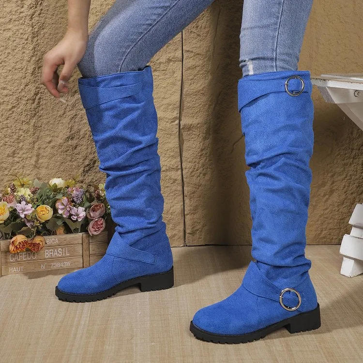 Damen kniehohe Slouch-Stiefel aus Wildlederoptik mit dekorativer Schnalle und rutschfester Profilsohle Drune