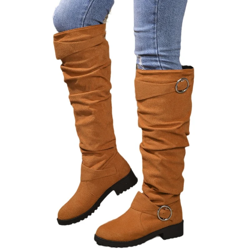 Damen kniehohe Slouch-Stiefel aus Wildlederoptik mit dekorativer Schnalle und rutschfester Profilsohle Drune