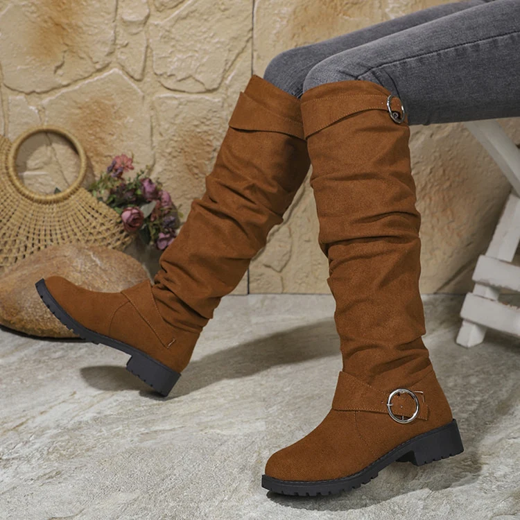 Damen kniehohe Slouch-Stiefel aus Wildlederoptik mit dekorativer Schnalle und rutschfester Profilsohle Drune
