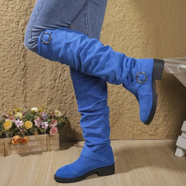Damen kniehohe Slouch-Stiefel aus Wildlederoptik mit dekorativer Schnalle und rutschfester Profilsohle Drune