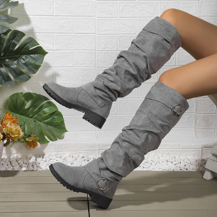 Damen kniehohe Slouch-Stiefel aus Wildlederoptik mit dekorativer Schnalle und rutschfester Profilsohle Drune