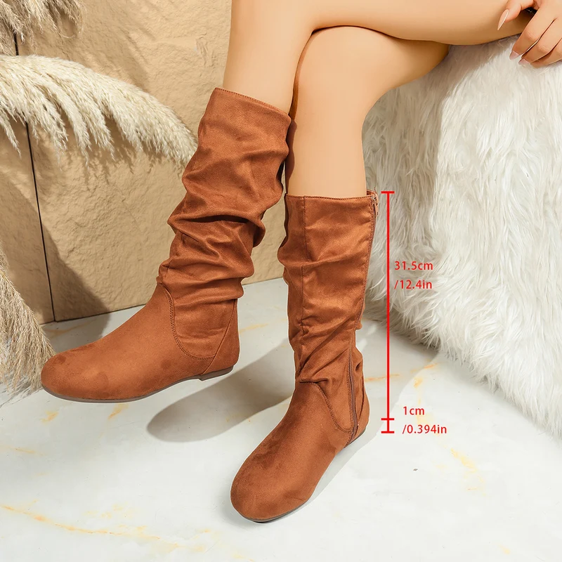 Damen Kniehohe Slouch-Stiefel aus Veloursimitat mit Innenseiten-Reißverschluss und flacher Komfortsohle Drune