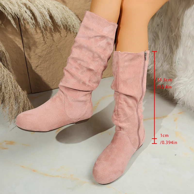 Damen Kniehohe Slouch-Stiefel aus Veloursimitat mit Innenseiten-Reißverschluss und flacher Komfortsohle Drune
